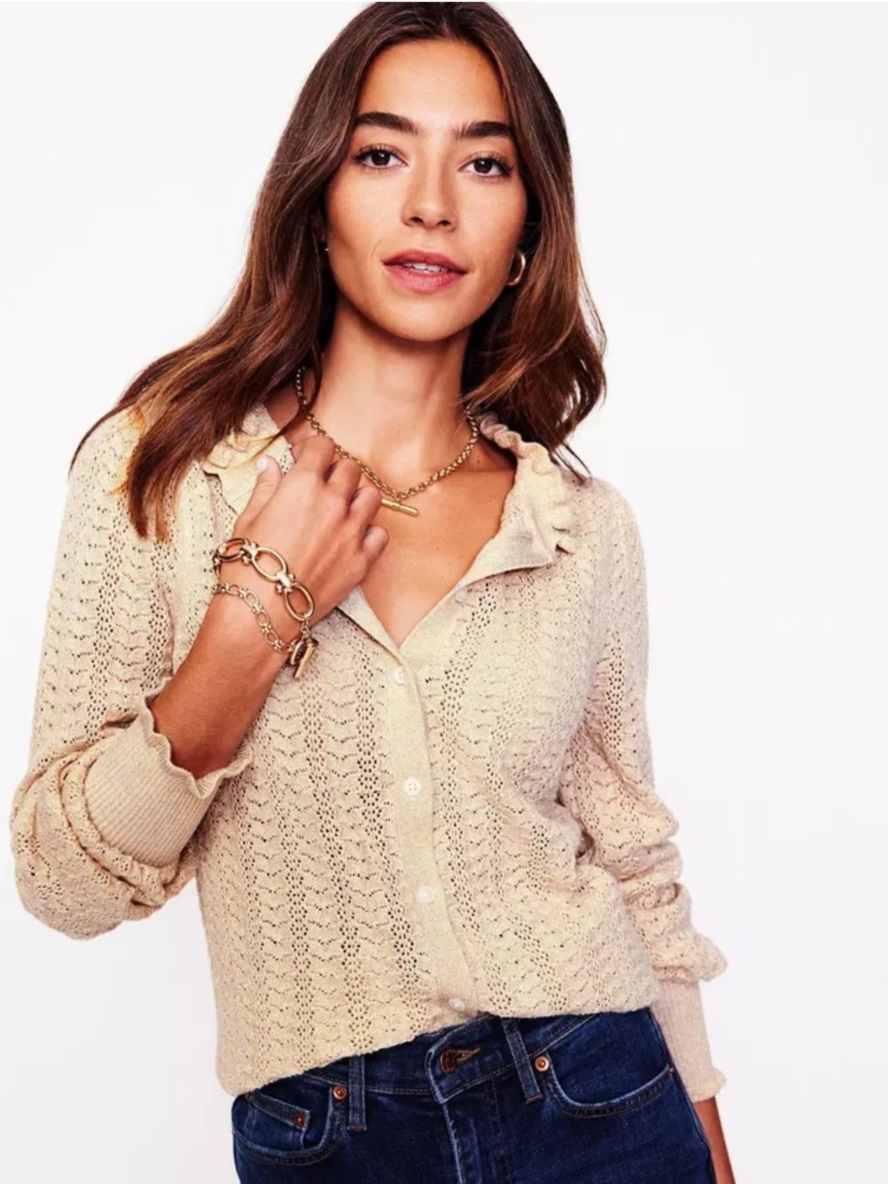 Boden Pointelle Frill Cardigan in Cream -cottagecore -ruffle - feminine - size M